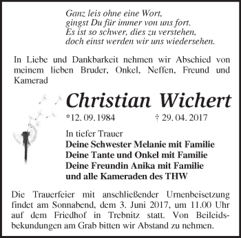 Traueranzeige von Christian Wichert von Märkische Oderzeitung