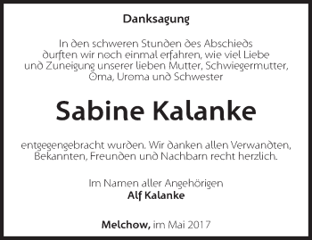 Traueranzeige von Sabine Kalanke von Märkische Oderzeitung