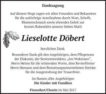 Traueranzeige von Lieselotte Döbert von Märkische Oderzeitung