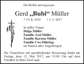 Traueranzeige von Gerd Müller von Märkische Oderzeitung