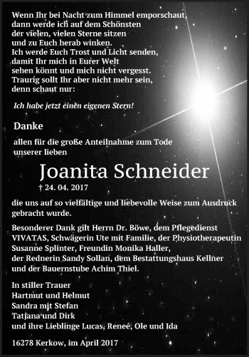 Traueranzeige von Joanita Schneider von Märkische Oderzeitung