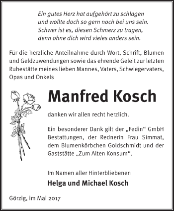 Traueranzeige von Manfred Kosch von Märkische Oderzeitung