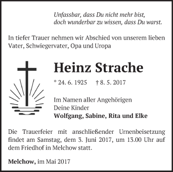 Traueranzeige von Heinz Strache von Märkische Oderzeitung