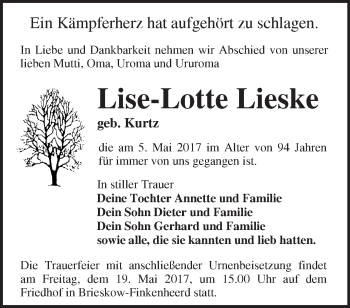 Traueranzeige von Lise-Lotte Lieske von Märkische Oderzeitung