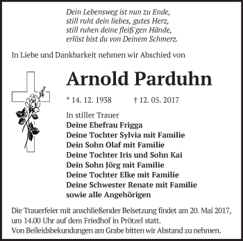 Traueranzeige von Arnold Parduhn von Märkische Oderzeitung