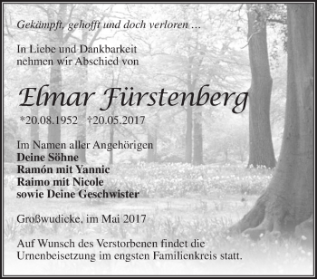 Traueranzeige von Elmar Fürstenberg von Märkische Oderzeitung