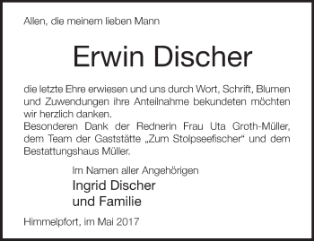 Traueranzeige von Erwin Discher von Märkische Oderzeitung