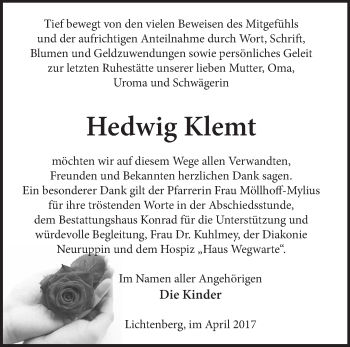 Traueranzeige von Hedwig Klemt von Märkische Oderzeitung