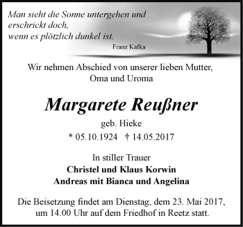 Traueranzeige von Margarete Reußner von Märkische Oderzeitung