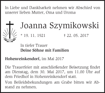 Traueranzeige von Joanna Szymikowski von Märkische Oderzeitung