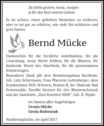 Traueranzeige von Bernd Mücke von Märkische Oderzeitung