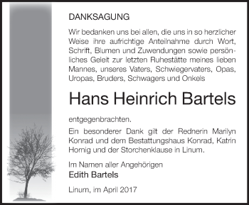 Traueranzeige von Heinrich Bartels von Märkische Oderzeitung