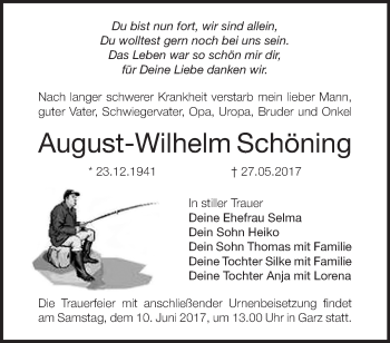 Traueranzeige von August-Wilhelm Schöning von Märkische Oderzeitung