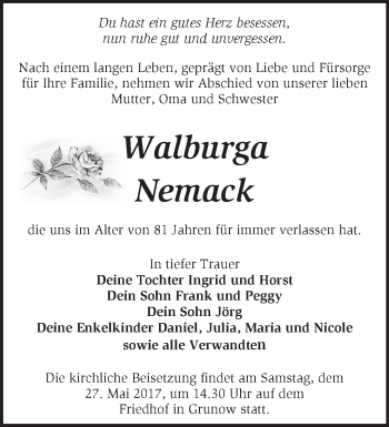 Traueranzeige von Walburga Nemack von Märkische Oderzeitung