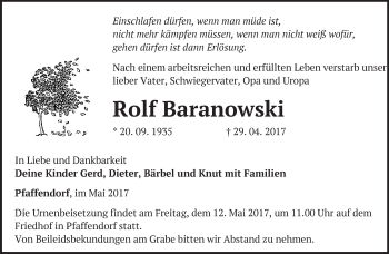 Traueranzeige von Rolf Baranowski von Märkische Oderzeitung