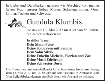 Traueranzeige von Gundula Klumbis von Märkische Oderzeitung