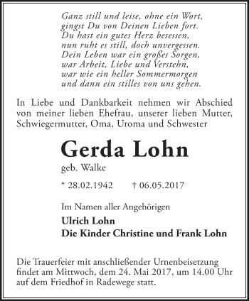 Traueranzeige von Gerda Lohn von Märkische Oderzeitung