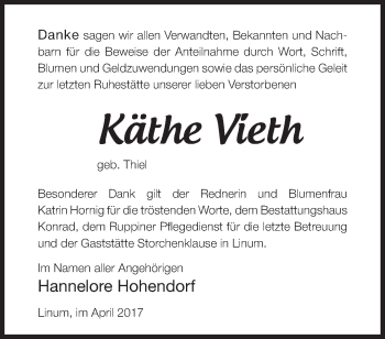 Traueranzeige von Käthe Vieth von Märkische Oderzeitung