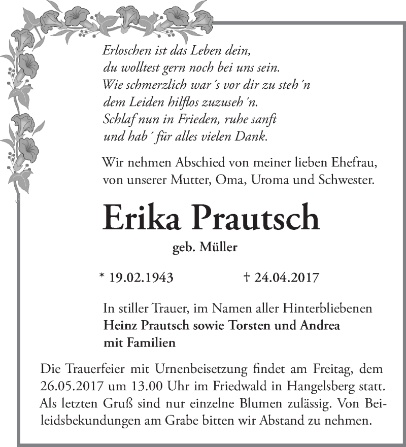  Traueranzeige für Erika Prautsch vom 06.05.2017 aus Märkische Oderzeitung