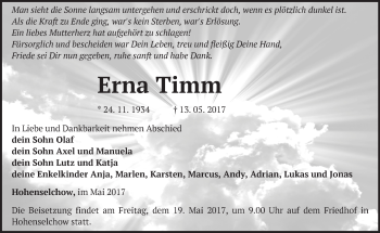 Traueranzeige von Erna Timm von Märkische Oderzeitung