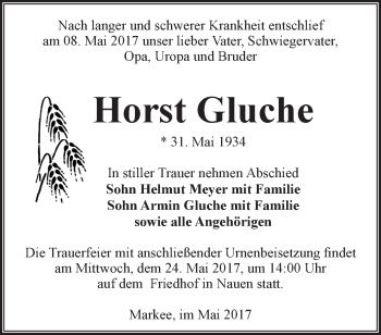 Traueranzeige von Horst Gluche von Märkische Oderzeitung