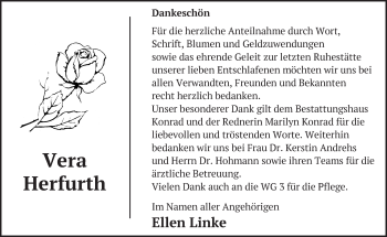 Traueranzeige von Vera Herfurth von Märkische Oderzeitung