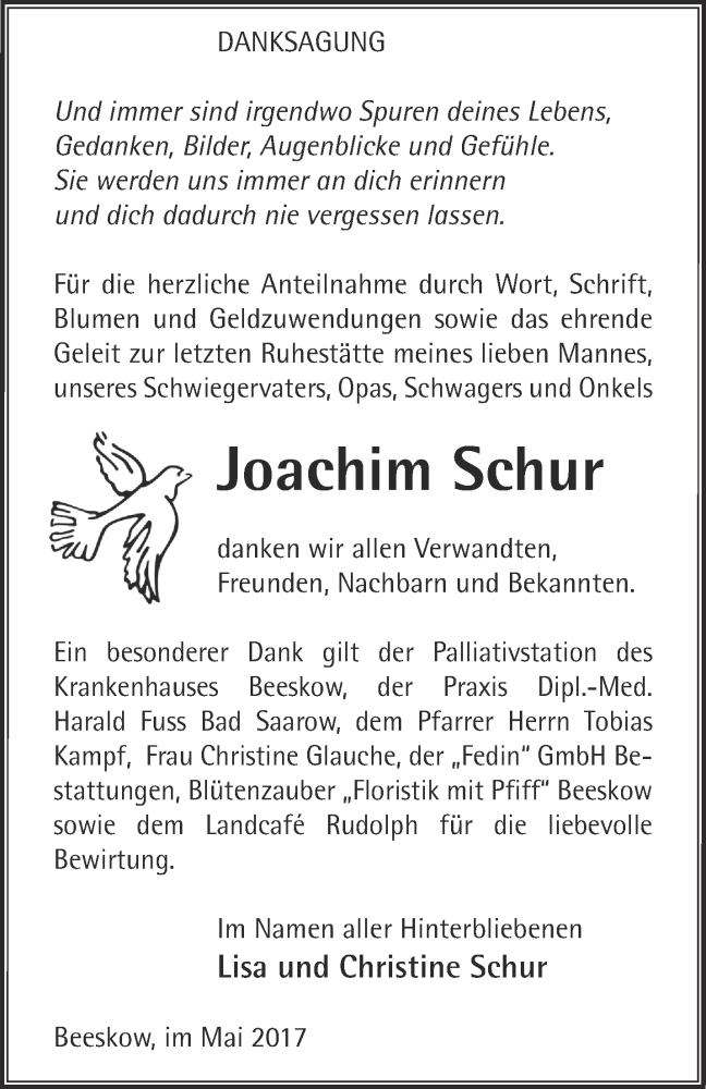  Traueranzeige für Joachim Schur vom 13.05.2017 aus Märkische Oderzeitung