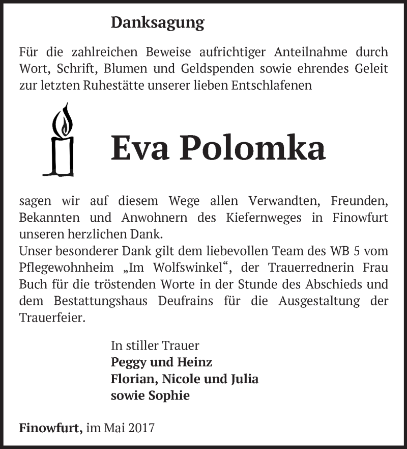  Traueranzeige für Eva Polomka vom 28.05.2017 aus Märkische Oderzeitung