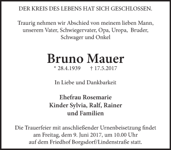 Traueranzeige von Bruno Mauer von Märkische Oderzeitung