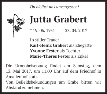 Traueranzeige von Jutta Grabert von Märkische Oderzeitung