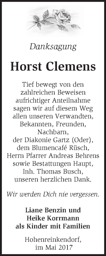 Traueranzeige von Horst Clemens von Märkische Oderzeitung