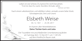 Traueranzeige von Elsbeth Weise von Märkische Oderzeitung