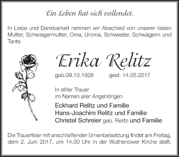 Traueranzeige von Erika Relitz von Märkische Oderzeitung