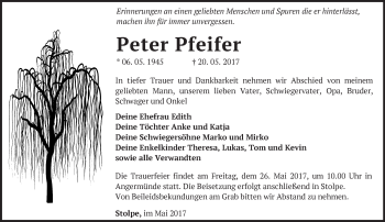 Traueranzeige von Peter Pfeifer von Märkische Oderzeitung