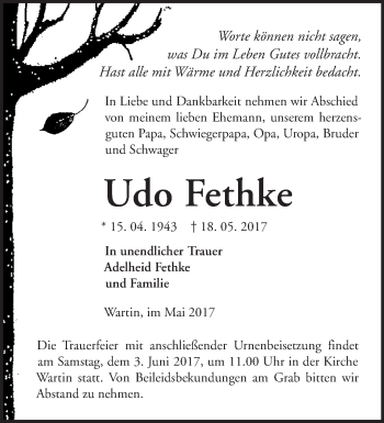 Traueranzeige von Udo Fethke von Märkische Oderzeitung