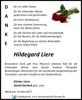 Traueranzeige von Hildegard Liere von Märkische Oderzeitung