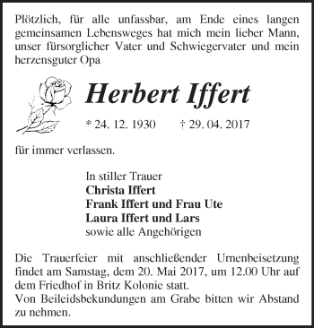 Traueranzeige von Herbert Iffert von Märkische Oderzeitung