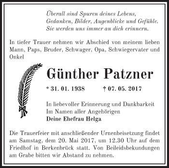 Traueranzeige von Günther Patzner von Märkische Oderzeitung