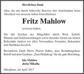 Traueranzeige von Fritz Mahlow von Märkische Oderzeitung