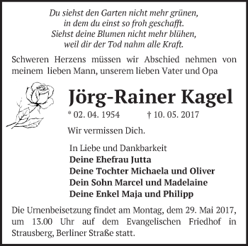 Traueranzeige von Jörg-Rainer Kagel von Märkische Oderzeitung