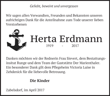 Traueranzeige von Herta Erdmann von Märkische Oderzeitung