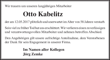 Traueranzeige von Otto Kabelitz von Märkische Oderzeitung