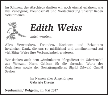 Traueranzeige von Edith Weiss von Märkische Oderzeitung