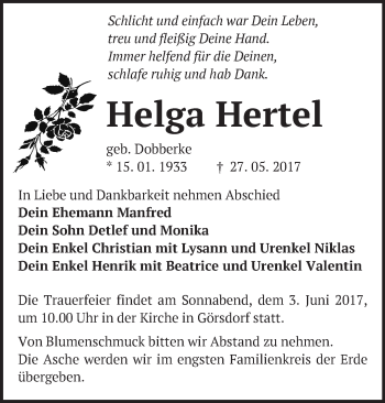 Traueranzeige von Helga Hertel von Märkische Oderzeitung