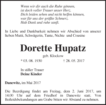 Traueranzeige von Dorette Hupatz von Märkische Oderzeitung