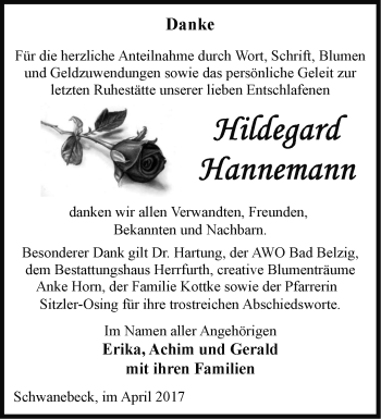 Traueranzeige von Hildegard Hannemann von Märkische Oderzeitung