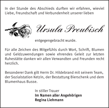 Traueranzeige von Ursula Preubisch von Märkische Oderzeitung