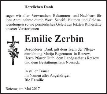 Traueranzeige von Emilie Zerbin von Märkische Oderzeitung