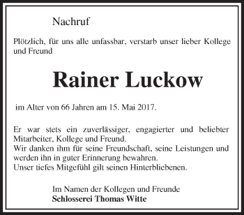 Traueranzeige von Rainer Luckow von Märkische Oderzeitung