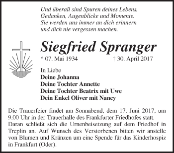 Traueranzeige von Siegfried Spranger von Märkische Oderzeitung